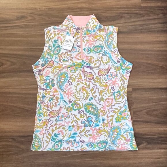 Kastel Denmark Tops - Kastel Denmark - Quarter Zip Tank Top - Floral "Festical Ikat" -  Large